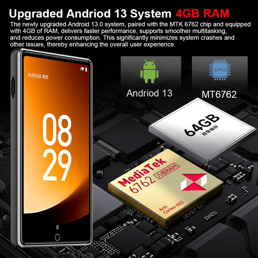 Famue Android 13 MP3-Player mit Bluetooth und WLAN 2.4G/5G, 4 GB RAM, Spotify und Play Store, 4,0-Zoll-Großbildschirm, MP4, Schwarz - Bild 2