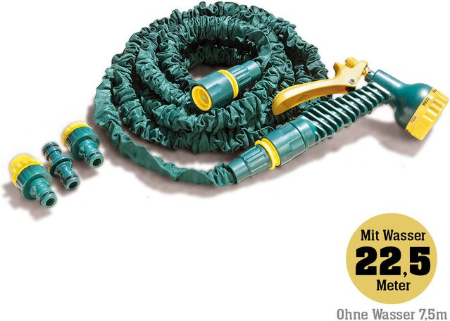 Flexibler Gartenschlauch von Powertec Garden mit Armaturenset und Multifunktionsbrause, Grün-Gelb, 22,5 m - Bild 1