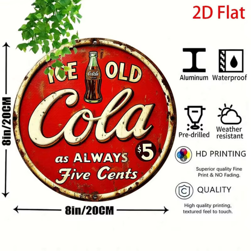 Coca Cola Vintage Retro Blechschild in Rot mit Always Five Cents Motiv, Wandkunst aus Metall für Haus, Bar oder Café, Breite: 20 cm, Höhe: 20 cm - Bild 2