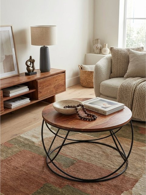 KADIMA DESIGN Couchtisch aus Sheesham Massivholz und Metall in Braun, Rund, Industrial Style, B/T/H: 60 x 40 x 60 cm - Bild 1