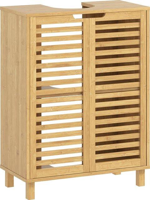 HOMCOM Waschbeckenunterschrank aus Bambus mit 2 Lamellentüren und verstellbarem Einlegeboden, Farbe: Braun, B/T/H: 60 x 30 x 80 cm - Bild 1