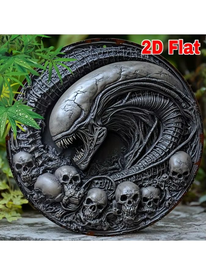 Rundes Aluminiumschild von Potdemiel im Vintage-Alien-Design mit Totenkopf-Motiv als Wanddekoration aus Metall - Bild 4