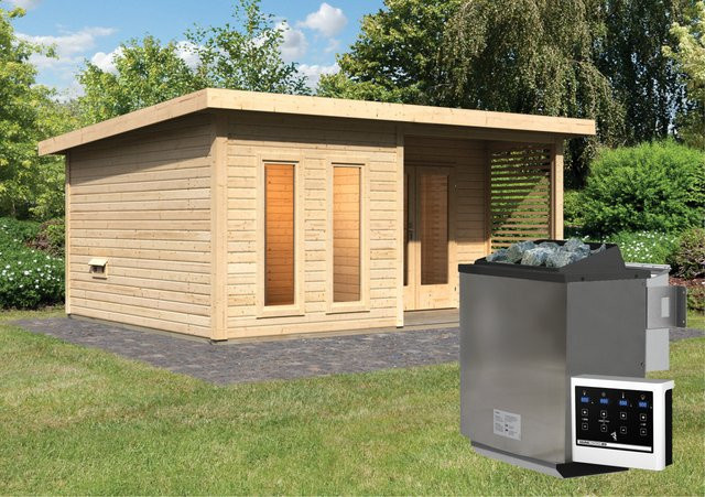 Saunahaus MAINBURG 5 mit Vorraum, naturbelassen, inklusive BioKombiofen 9,0 kW mit Steuergerät und Set A mit 2 Liegen, B/T/H: 509 x 369 x 200 x 170 cm - Bild 1