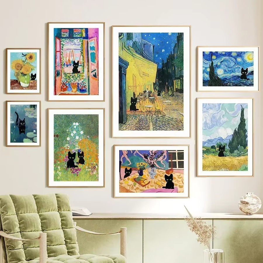 Abstrakte Leinwandmalerei von Potdemiel mit schwarzer Katze, Sonnenblumen und Pfingstrosen in Mehrfarbig als moderne Wandkunst zur Raumdekoration - Bild 2