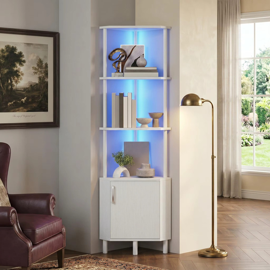Modernes Eck-Bücherregal von HiMISS in Weiß mit integrierter LED-Beleuchtung für Wohnzimmer, Schlafzimmer oder Badezimmer - Bild 2