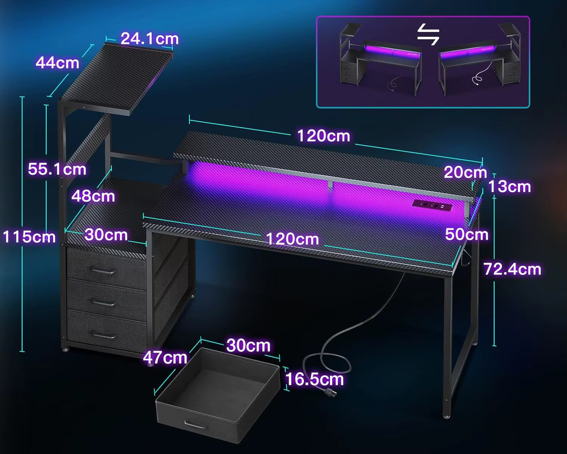 Coleshome Gaming Schreibtisch mit LED-Beleuchtung und Steckdose, Carbon Fiber Schwarz, Breite: 151 cm, Tiefe: 50 cm - Bild 5