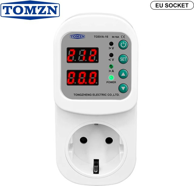 TOMZN Überspannungsschutz Steckdose TOSVA-16 mit einstellbarem Strom 1-16A, AC110V 220V, Weiß - Bild 1