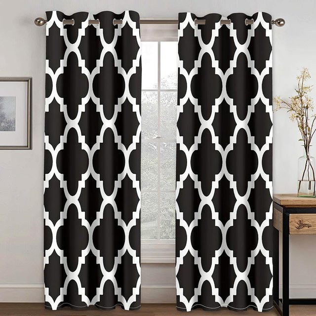 Luxuriöse Vorhänge mit abstraktem geometrischem Linienmuster in Schwarz und Gold, semi-transparent, 2er-Set mit Ösen, Breite: 65 cm, Höhe: 60 cm - Bild 1