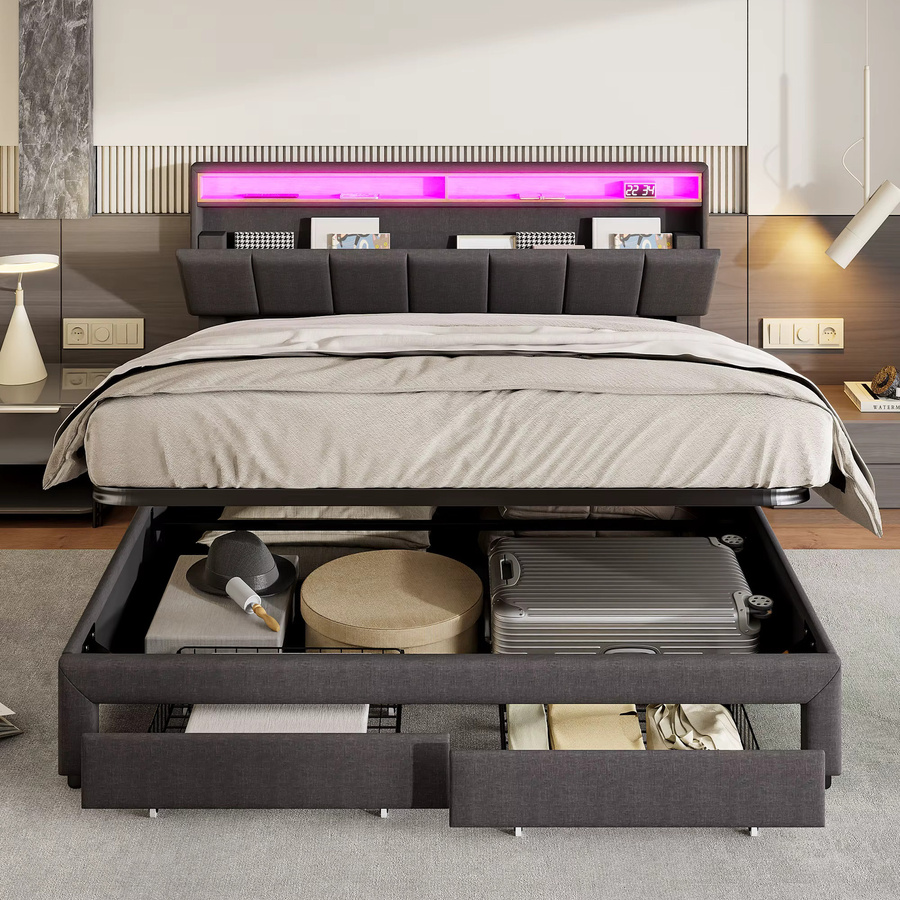FEEOHOME Polsterbett Grau mit LED, Modernes Doppelbett mit Stauraum durch Schubladen und Hydraulik sowie Kopfteil, B/T: 180 x 200 cm - Bild 4