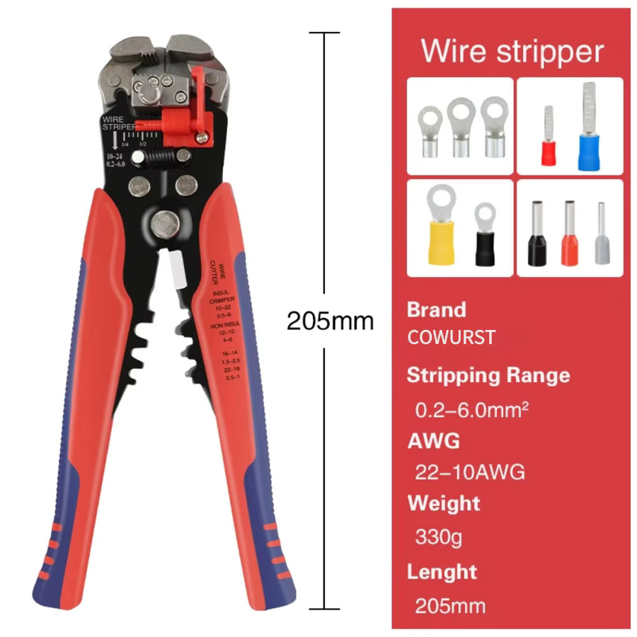 Cowurst 3-in-1 Multifunktionale Abisolierzange in Rot zum Schneiden, Abisolieren und Crimpen - Bild 3