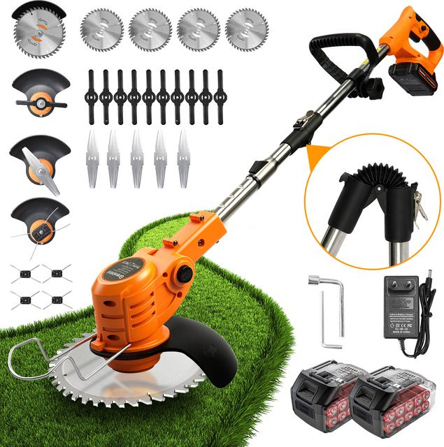 Grenintol 2-in-1 Akku-Rasentrimmer und elektrischer Rasenmäher mit 21 V, bürstenloser Motor, 4,0 Ah Akku und 4 Klingen, Orange - Bild 1