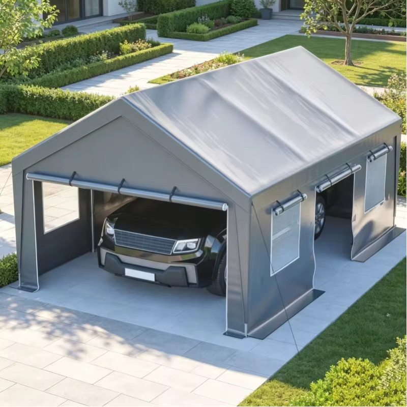 Graues Allwetter-Garagenzelt mit wasserdichten Seitenwänden und aufrollbaren Fenstern und Türen, UV-beständiger Auto-Unterstand und Mehrzweck-Außenlagerung, B/T/H: 6 x 4 x 3 m - Bild 1