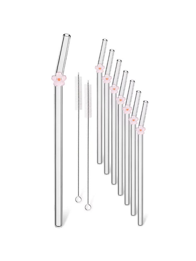 10er Set Wiederverwendbare Trinkhalme aus Glas in Blumenform von uniturcky in Pink für Smoothies, Saft und Milch - Bild 6
