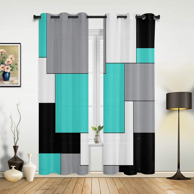 Abstrakte Patchwork Vorhänge im mittelalterlichen Stil in Gelb Grau Schwarz für Wohnzimmer und Schlafzimmer, Breite: 135 cm, Höhe: 60 cm - Bild 1