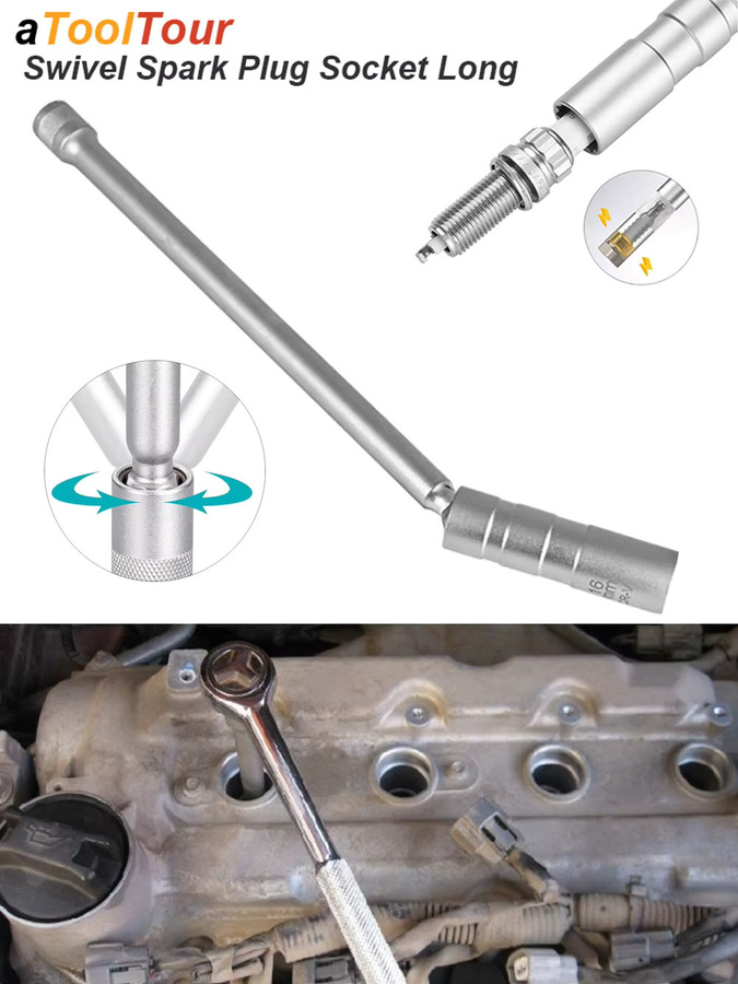 atooltour Magnetische Zündkerzen-Buchse mit drehbarer Verlängerung und Schlüssel-Adapter in Silber für Reparatur und Installation - Bild 2