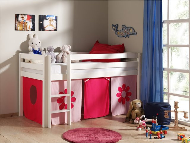 Vipack Spielbett Pino aus massiver Kiefer mit Textilset Pink Flower, Weiss lackiert - Bild 1
