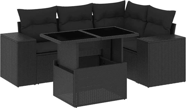 vidaXL 5-tlg. Garten-Sofagarnitur in L-Form aus schwarzem Poly-Rattan mit Kissen und pulverbeschichtetem Stahlgestell - Bild 1