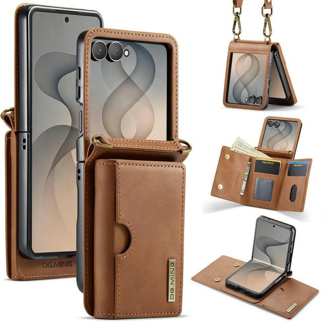 Leder Crossbody Lanyard Handyhülle mit Geldbörse und Kartenhalter für Samsung Galaxy Z Flip 8, Z Flip 7, Z Flip 6 und Z Flip FE in Braun - Bild 1