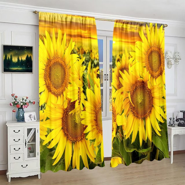 2er-Set Sonnenblumen Vorhang aus Polyester in Gelb, halbtransparenter Sichtschutz mit floralem Design für Wohnzimmer und Schlafzimmer, Breite: 76,2 cm, Höhe: 165,1 cm - Bild 1