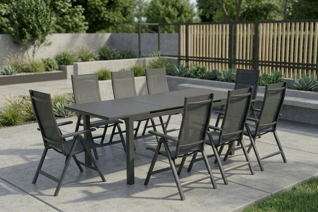 Siena Garden Miros Garten-Essgruppe aus Aluminium und Glas in Anthrazit mit ausziehbarem Tisch und 8 Klappstühlen - Bild 1