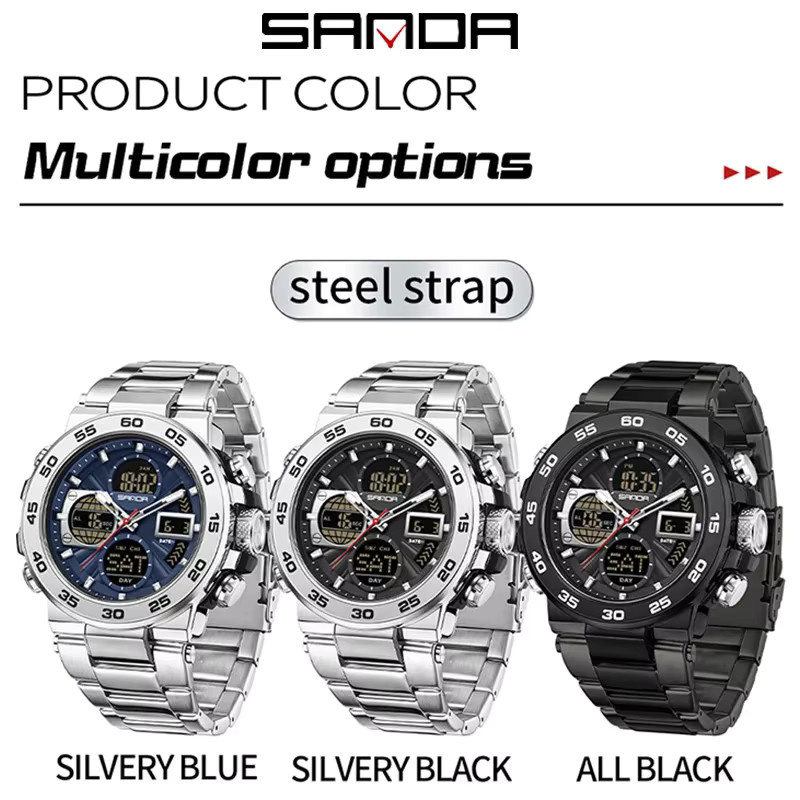 SANDA Armbanduhr Edelstahl, Quarz, Analog-Digital, 5 ATM, Herren, Schwarz - Bild 5