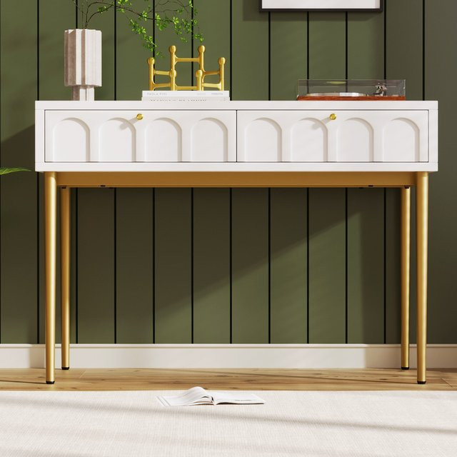 Eleganter Kosmetiktisch von AB Store in Cremeweiß mit 2 Schubladen und Metallrahmen, Breite: 100 cm, Höhe: 76,5 cm - Bild 1