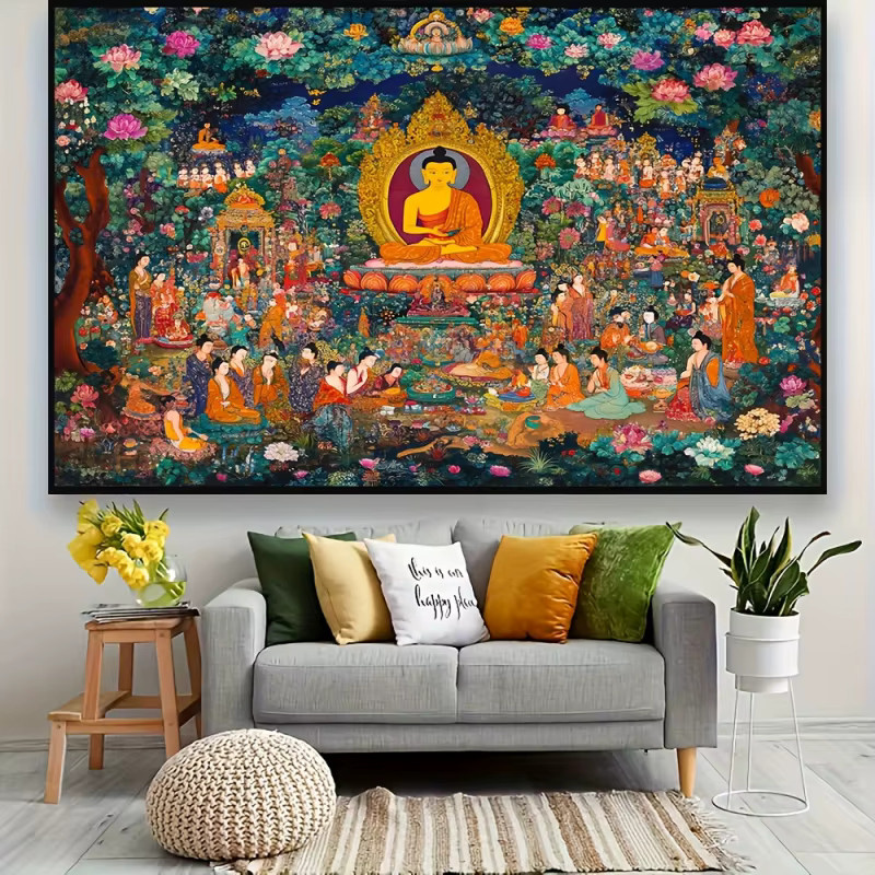 VIKAMA Pure Land Wandteppich im tibetischen Thangka-Stil, bunter Buddha-Wandbehang mit floralem Design für dein Wohnzimmer oder Yoga-Studio - Bild 3