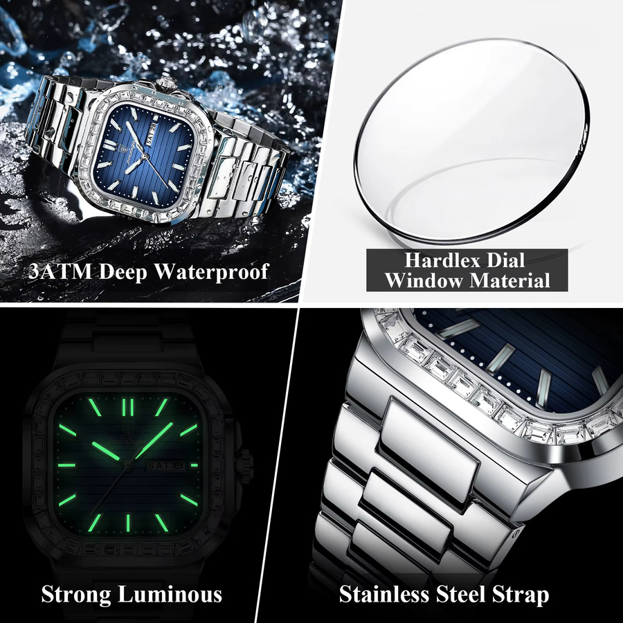 POEDAGAR Armbanduhr Edelstahl, Quarz, Eckig, Blau, Herren - Bild 4
