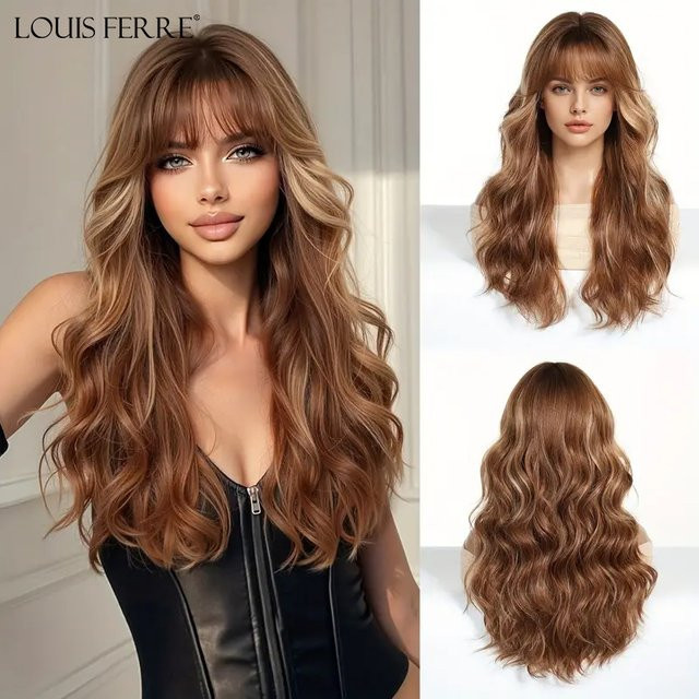 LOUIS FERRE Perücke, braun blonde Highlights, lang gewellt, mit Pony, Damen - Bild 1