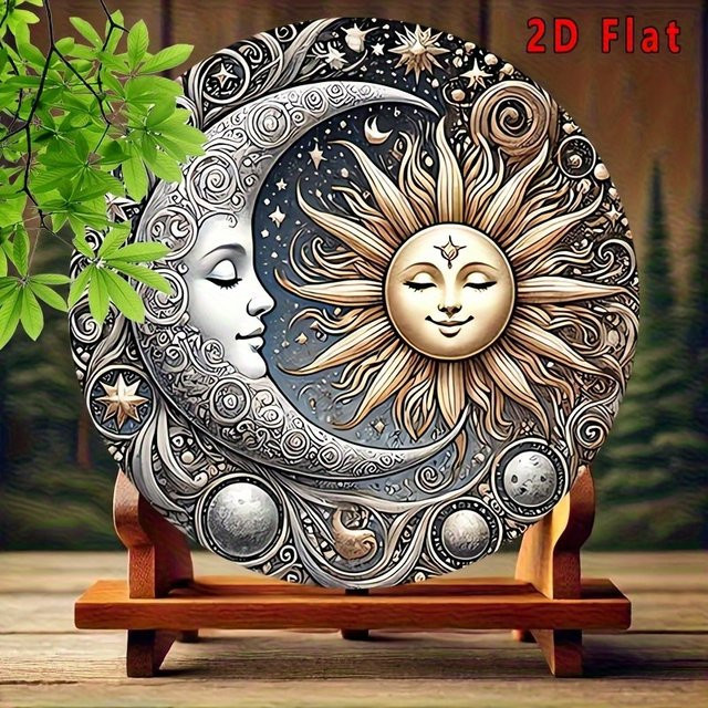 Potdemiel Vintage Celestial Sun & Moon Aluminium-Wandkunst, Rundes Metallschild mit Planeten-Design in Multicolour, Durchmesser: 20 cm - Bild 1