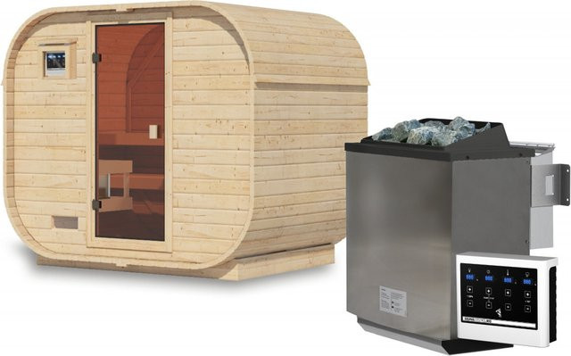 Karibu Fasssauna QUADRO 1 PLUS aus Fichte in Beige mit 9.0 kW BioKombiofen und Steuergerät, B/T/H: 242 x 205 x 175 cm - Bild 1