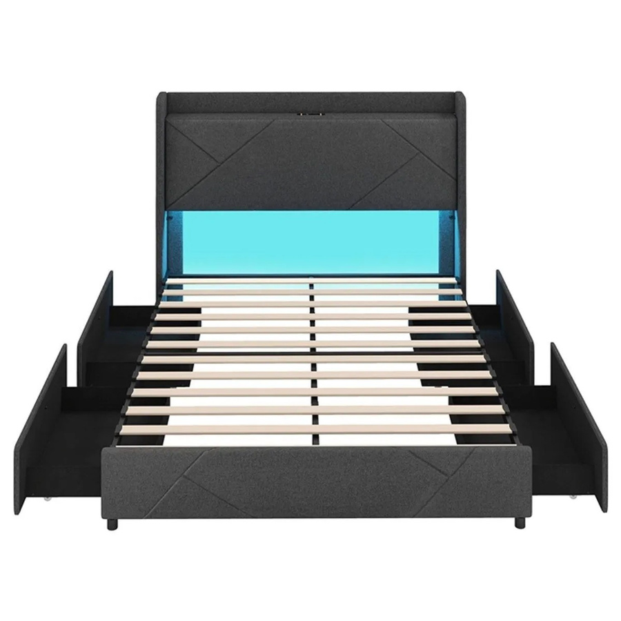 Costway Doppelbettgestell in Grau mit LED-Leuchten, USB-Ladeport, Nachttischablage und Schubladen, B/T/H: 140 x 200 x 147 cm - Bild 2