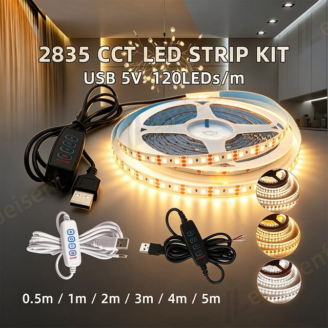 Lebeisenf USB LED Streifenlicht-Set Multicolor, dimmbar mit 4-Tasten-Dimmer, 120 LEDs/m, CCT 3000K - 6000K, Schwarz - Bild 1
