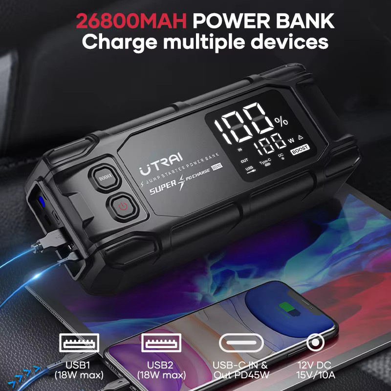 UTRAI Starthilfegerät mit 26800mAh und 6000A, tragbare Powerbank mit PD45W Schnellladung und 6,0 Zoll LED-Bildschirm, Schwarz - Bild 3