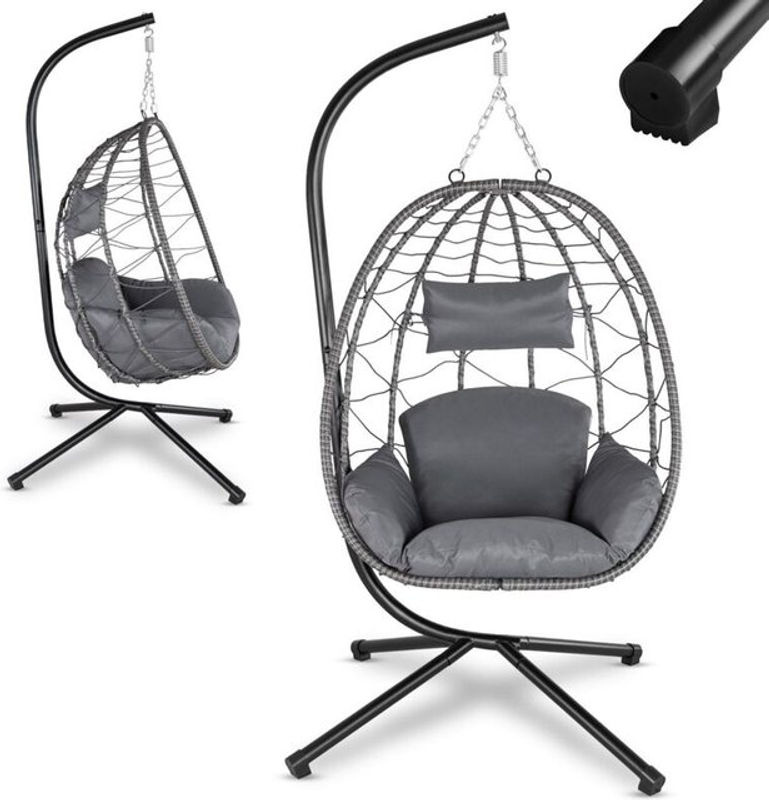 JUSKYS Korbhängesessel Aria mit Gestell aus Polyrattan und Stahl in Grau inklusive Sitzkissen - Bild 2