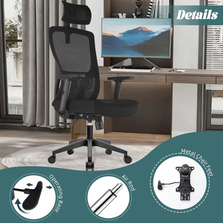 Durrafy Ergonomischer Bürostuhl in Schwarz mit verstellbarer Kopfstütze, Armlehnen und Lendenwirbelstütze - Bild 2