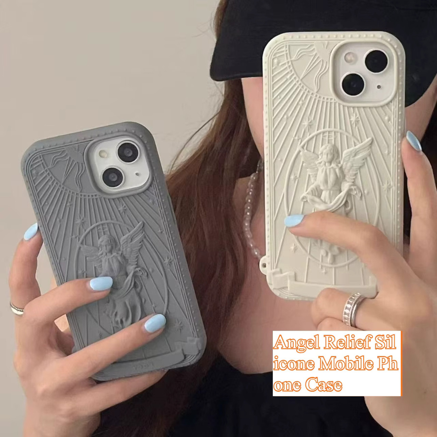K'try Silikon Handyhülle mit Retro-Engel-3D-Kunstwerk für iPhone 16 15 14 13 17 Pro Max in Grau - Bild 2