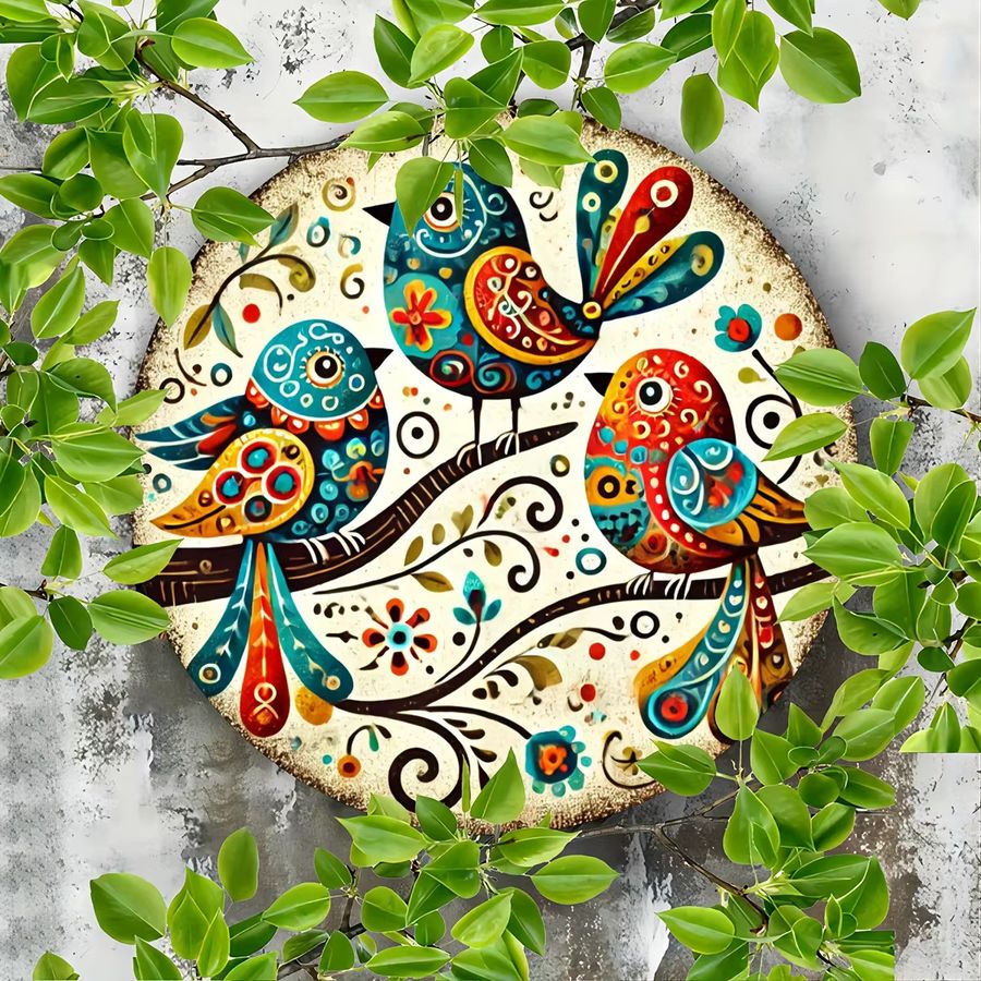 Potdemiel Wandkunst Vogel-Trio aus Metall in Multicolor mit floralen Akzenten, Rundes Eisenschild, Durchmesser: 20,3 cm - Bild 4