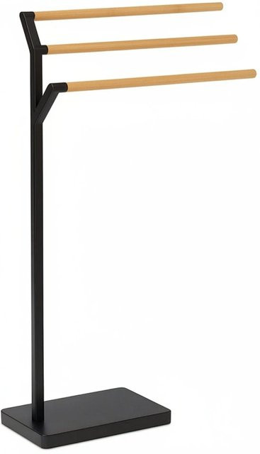 Relaxdays Handtuchständer aus Eisen und Bambus mit 3 Stangen, Schwarz matt, Freistehend, H: 75 cm, B: 38,5 cm, T: 18 cm - Bild 1