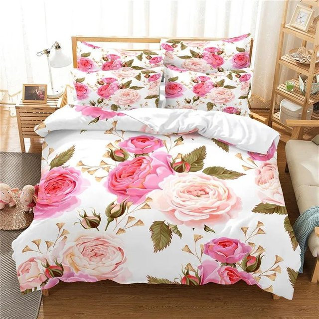 Binchi Fitness 3D Bettwäsche Set mit Blumenmuster in Rosa und Weiß, 2-teiliges Microfaser-Bettwäsche-Set bestehend aus Bettbezug und Kissenbezug, B/H: 135 x 200 cm - Bild 1