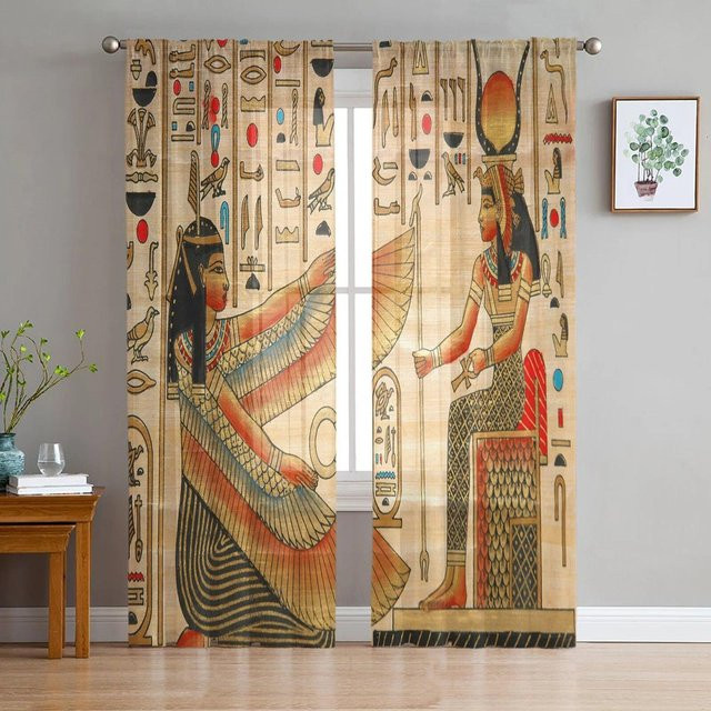 A Family Of Home Textiles Dekorative Tüllgardine mit Ägyptischem Frauenmotiv in Gold und Beige, Breite: 135 cm, Höhe: 114 cm - Bild 1