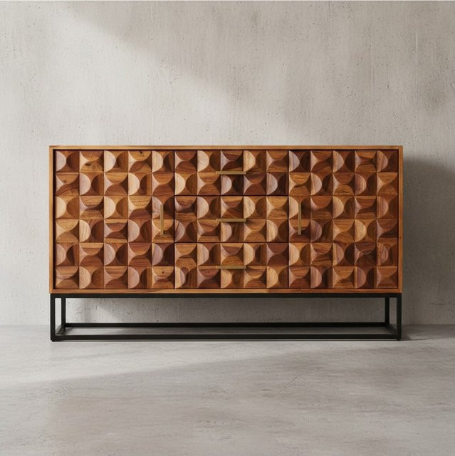 KADIMA DESIGN Sideboard aus Sheesham Massivholz in Braun mit Metallgestell im Industrial Design, B/T/H: 145 x 45 x 81 cm - Bild 1