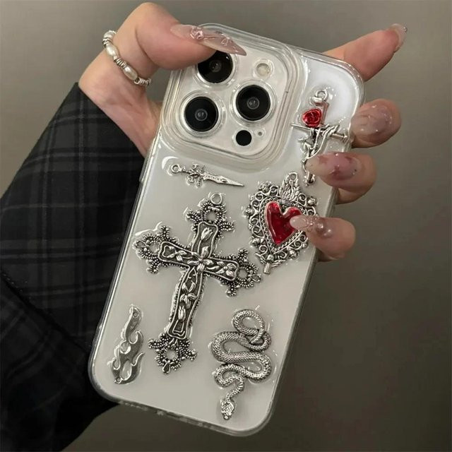 Luxus Handyhülle mit Strass, gotischem Kreuz, Herz und Schlange für Apple iPhone 17 16 15 14 Pro Max Plus, transparent - Bild 1