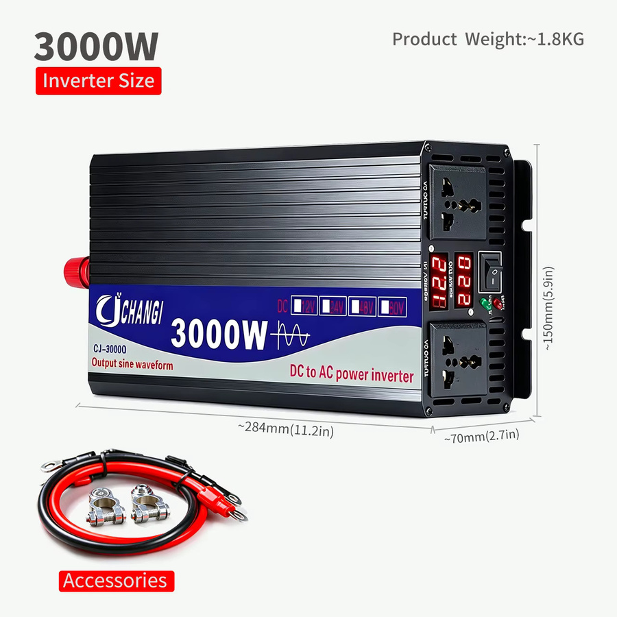 CJ CHANGI Reiner Sinus-Wechselrichter 3000W bis 5000W DC 12V/24V zu AC 220V 50Hz mit Universal- und Europäischer Steckdose in Schwarz - Bild 1