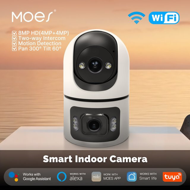 Moes Tuya WiFi Smart Indoor Kamera mit 4MP Dual Screen Objektiv, 2,4G/5G, Infrarot Nachtsicht, Bewegungserkennung, Auto Track und Zwei-Wege Audio in Weiß - Bild 1