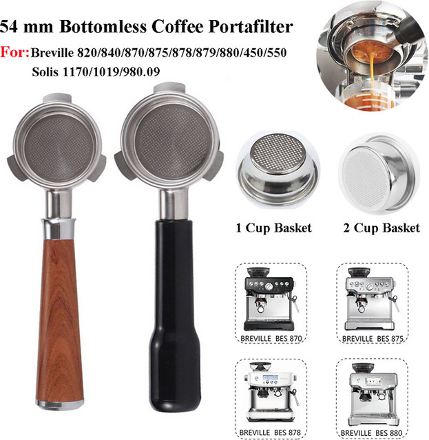 YUAN-ECT Nackter Siebträger ohne Boden mit Korb aus Edelstahl für Breville 870/875/878 und Solis 1170/1019, 54 mm, Silber/Weiß - Bild 1