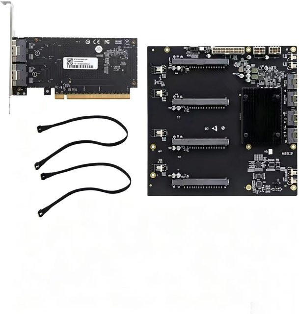 Hua Lai Jie PLX88096 PCIe 4.0 Erweiterungskarte für vier GPUs, SFF-8654 zu 4x PCI-E x16, Schwarz - Bild 1