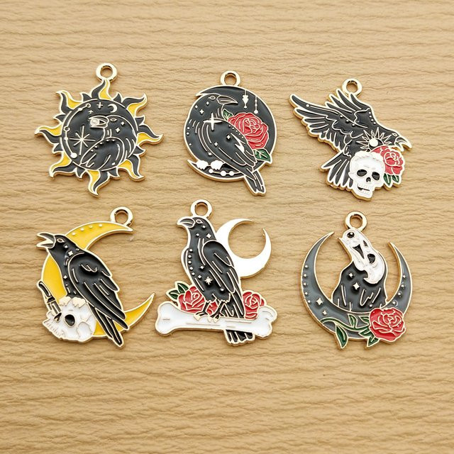 XULPFF Charms Sonne Mond Krähe, Emaille, Legierung, vergoldet, Gold - Bild 1
