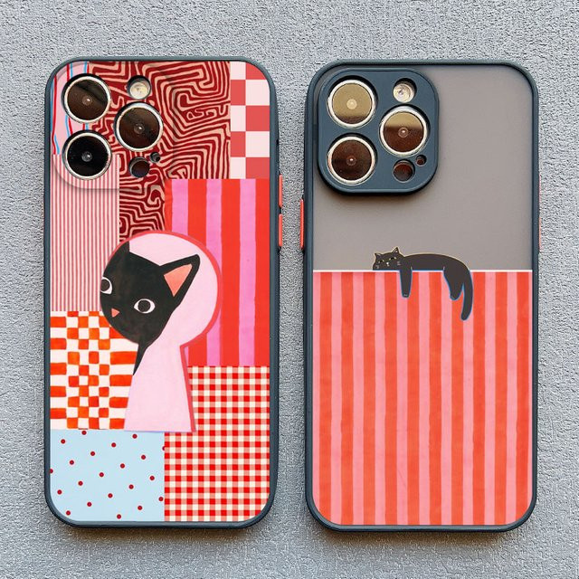 Handyhülle mit künstlerischem Katzenmotiv und Streifenmuster für Apple iPhone Modelle in Schwarz und Multicolour - Bild 1