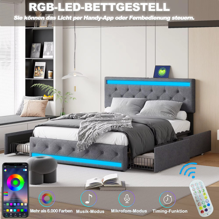 Comanlai Polsterbett aus Leinen mit 4 Schubladen, LED-Lichtleiste und USB-Ladeanschluss, Dunkelgrau, B/T: 160 x 200 cm - Bild 2